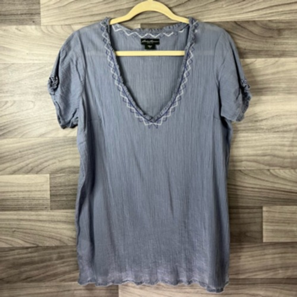 Eddie Bauer Womens Blouse Gray Short Sleeve Deep V Neck Embroidered Pullover S